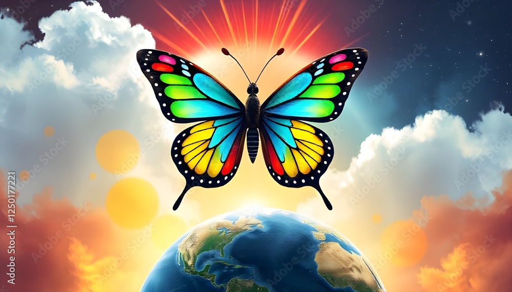 Poster an illustration of a butterfly with radiant rainbow-colored wings soaring above a globe, representin