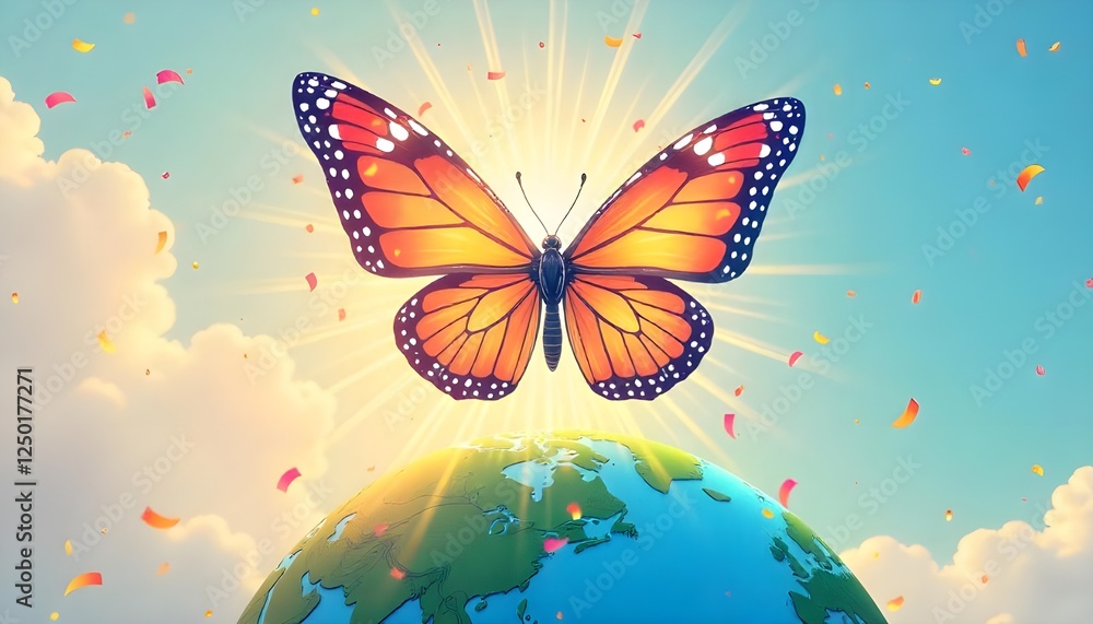 Poster an illustration of a butterfly with radiant rainbow-colored wings soaring above a globe, representin