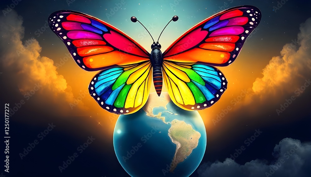Poster an illustration of a butterfly with radiant rainbow-colored wings soaring above a globe, representin