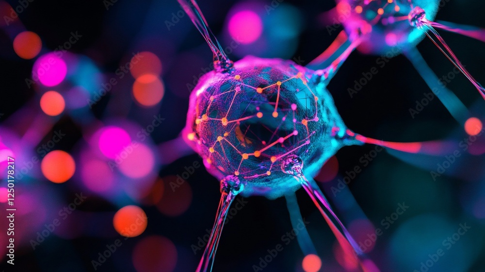 Wall mural microscopic view of interconnected cells with vibrant pink and blue glow, illustrating complex netwo