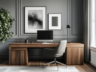 Modern home office with dark wood desk, gray walls, computer, and artwork.