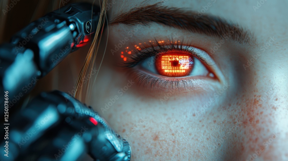 Poster close-up of a futuristic eye reflecting digital elements with a robotic hand.