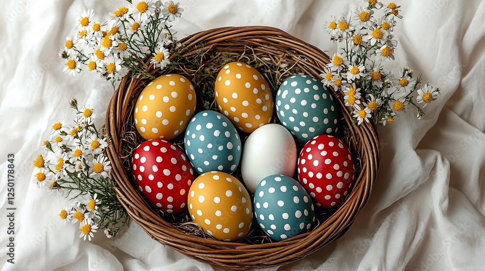 Aufkleber colorful easter eggs nestled in a basket surrounded by daisies on a soft fabric : generative ai