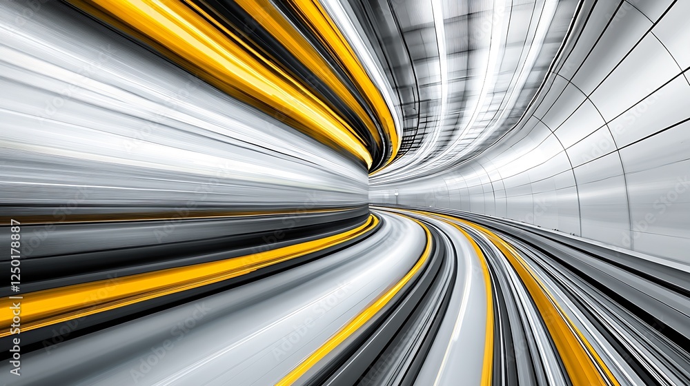 Poster Dynamic motion blur of a curved tunnel with vibrant yellow lines creating a futuristic effect : Generative AI
