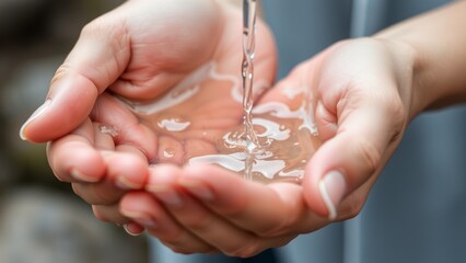 Hands Holding Water in Nature's Tranquility