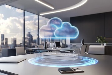 Fototapeta premium Corporate workspace displays hybrid cloud solutions with holographic visualization.