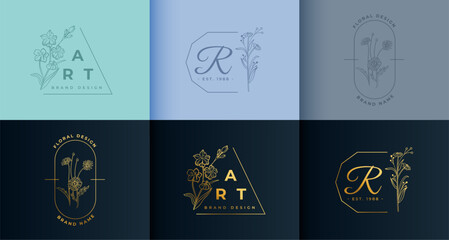 set of hand drawn floral logo template for luxurious wedding