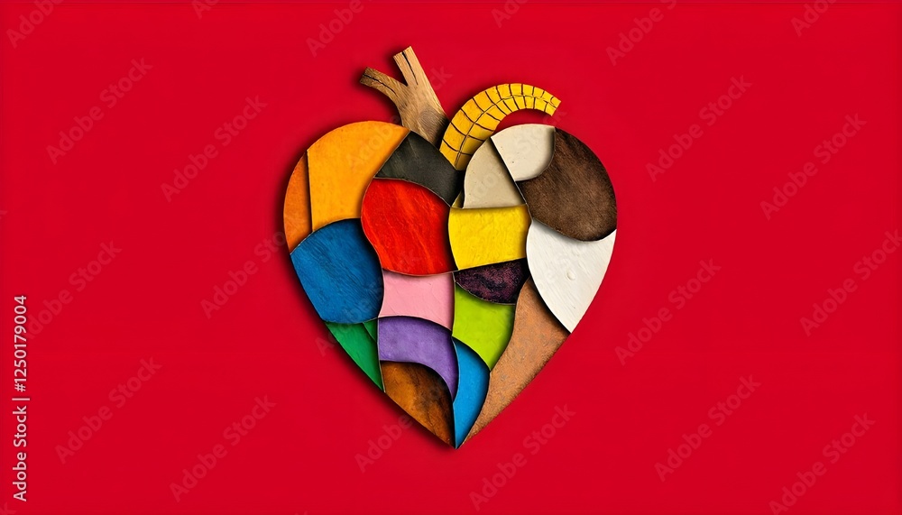 Poster zero discrimination day a symbolic image of a heart made up of different colors and patterns, representing the beauty of human diversity