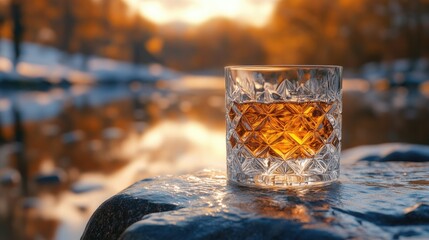 Golden Whiskey Drink Beside Autumn River
