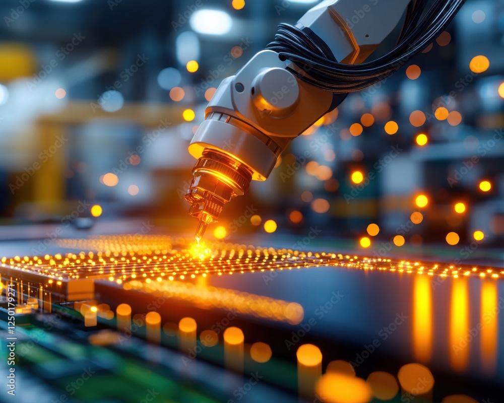Poster robotic arm working on circuit board in an industrial setting