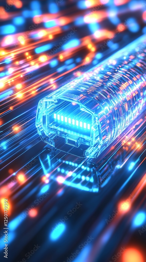 Poster futuristic concept of high speed data transmission with glowing fiber optic cables and light trails 