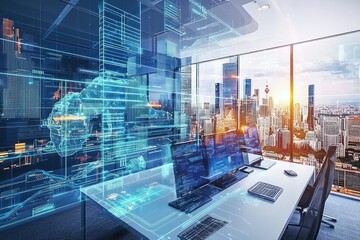 Holographically visualized hybrid cloud solutions featured in a modern workspace.