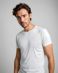 Fototapeta premium A man wearing a white t-shirt poses for a picture.