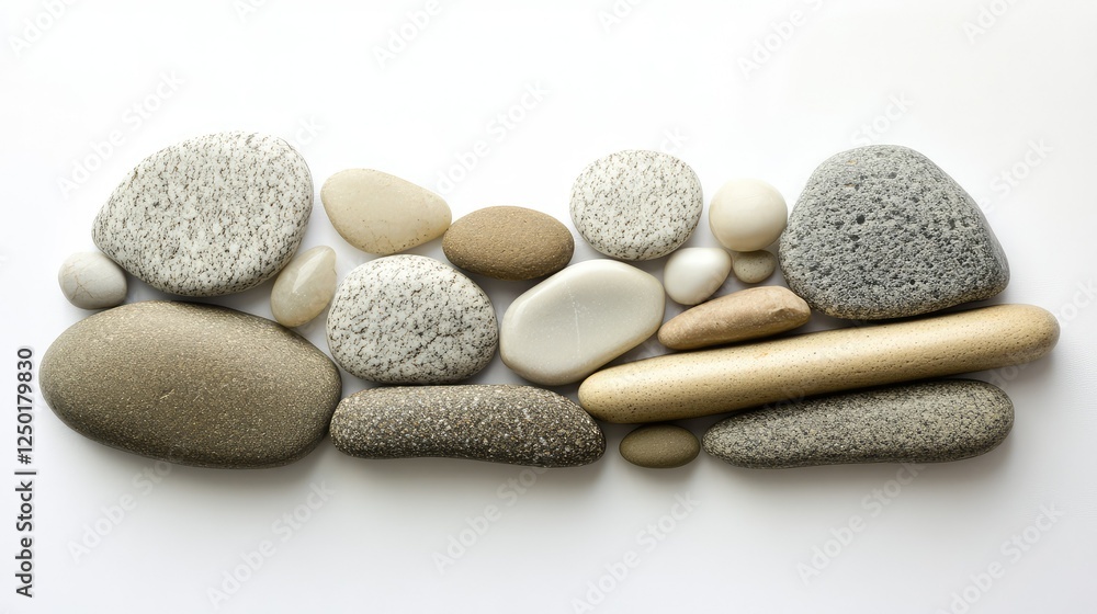 Poster a collection of smooth and polished pebbles in various shapes and colors arranged on a bright backgr