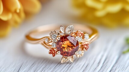Fototapeta premium Beautifully designed golden ring with a stunning orange gemstone surrounded by flowers : Generative AI