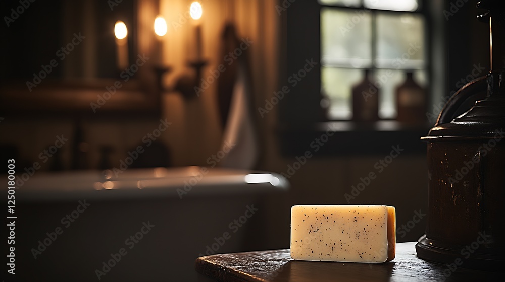 Poster Elegant handmade soap placed in a rustic setting accentuated by soft candlelight : Generative AI