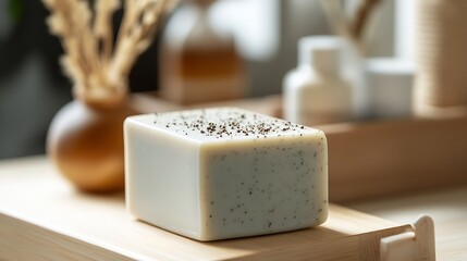 Artfully arranged natural soap with exfoliating particles placed on a wooden surface surrounded by a cozy environment : Generative AI
