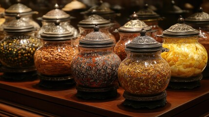 Ornate jars filled with various colorful snacks