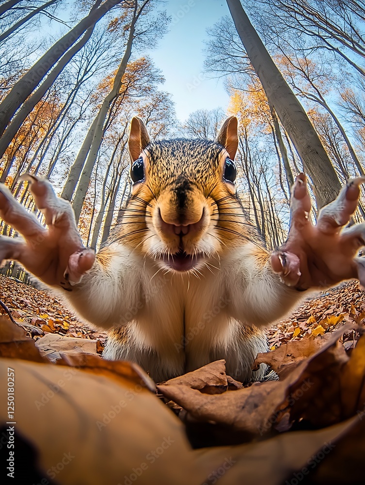 Poster playful squirrel reaching out in excitement while surrounded by vibrant autumn foliage and fallen le