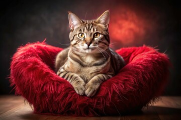 Red Pillow Cat Heart Fashion Photography - Cute Kitten Posing Stylishly