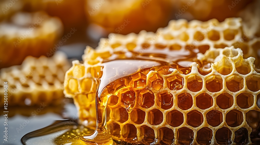 Poster sweet honey dripping elegantly from honeycomb showcasing its natural texture and inviting appearance