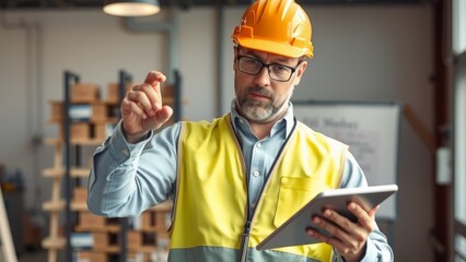 Construction Worker with Tablet in Industrial Setting