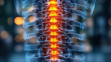 Glowing Spine, City Night, Medical Illustration