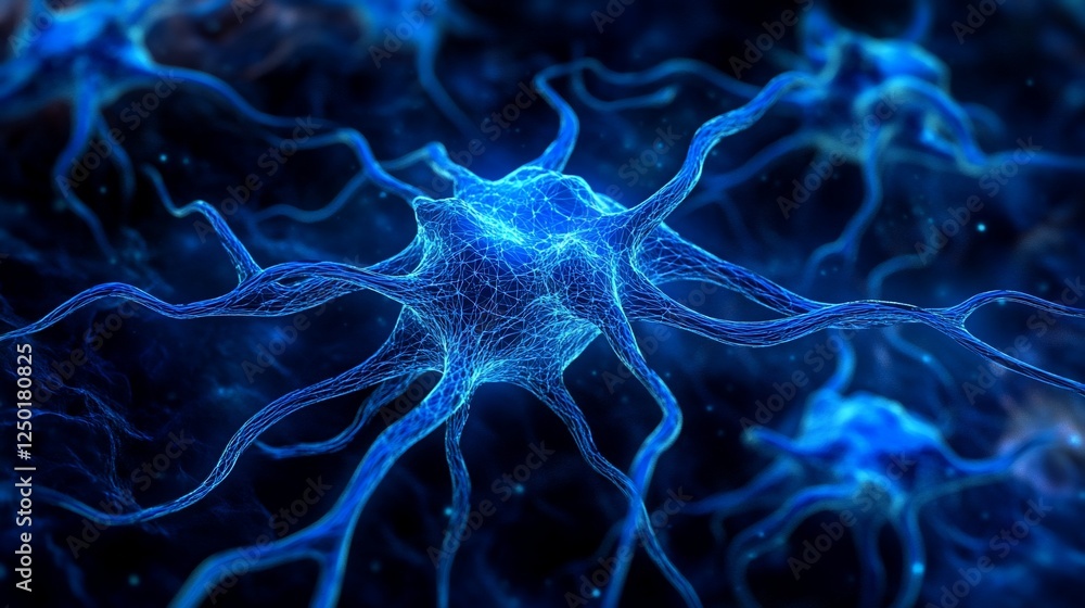 Poster microscopic view of glowing blue neurons with intricate dendrites and axons.
