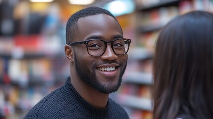 Fototapeta premium Bookstore, man smiling, woman blurred, shopping, conversation