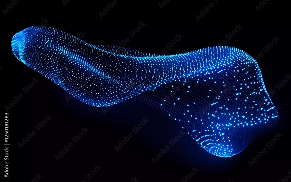 Poster abstract futuristic background with a glowing wave of dots and lines, in a blue color gradient.