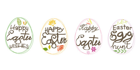 Set of Happy easter decorative lettering. Flowers and leaves decoration Calligraphy collection for Happy easter design. Vector illustration.