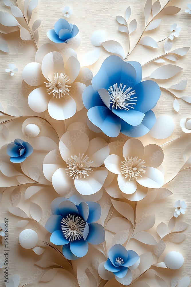 Aufkleber beautiful arranged paper flowers in blue and white tones with intricate details and a soft backgroun
