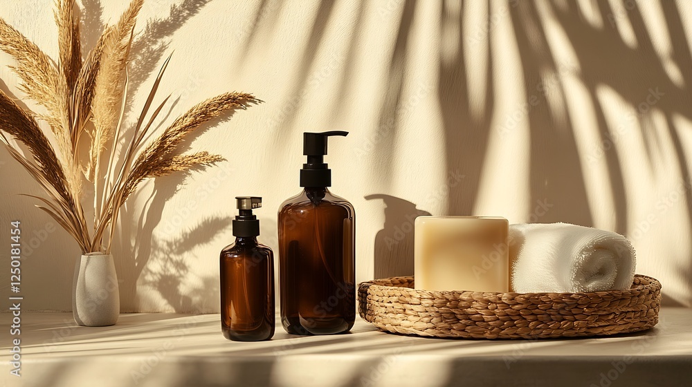 Poster elegant amber glass bottles with skincare products on a stylish tray beside decorative elements : ge