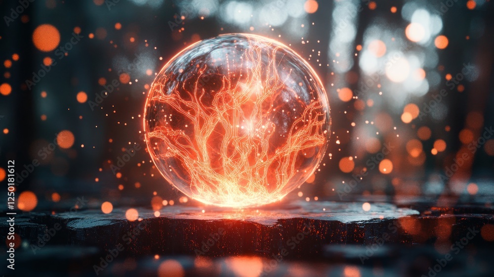 Poster glowing energy orb on stone surface with abstract fractal network