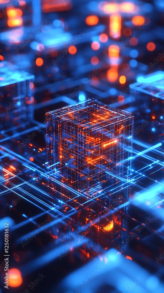 Poster Abstract technology background with illuminated cubes in a network of glowing lines and circuits : Generative AI