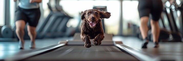 Happy dog mid-air on treadmill, with blurred runners in background.