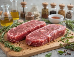 Fototapeta premium Two Raw Beef Steaks Seasoned with Herbs on Wooden Cutting Board