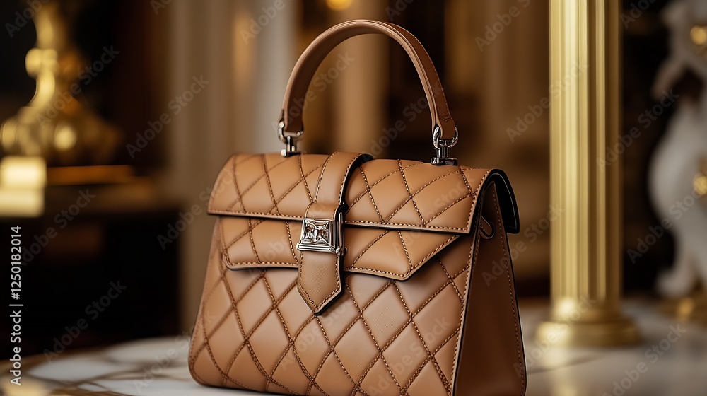 Poster stylish brown leather handbag elegantly designed and placed on a marble surface under warm lighting 