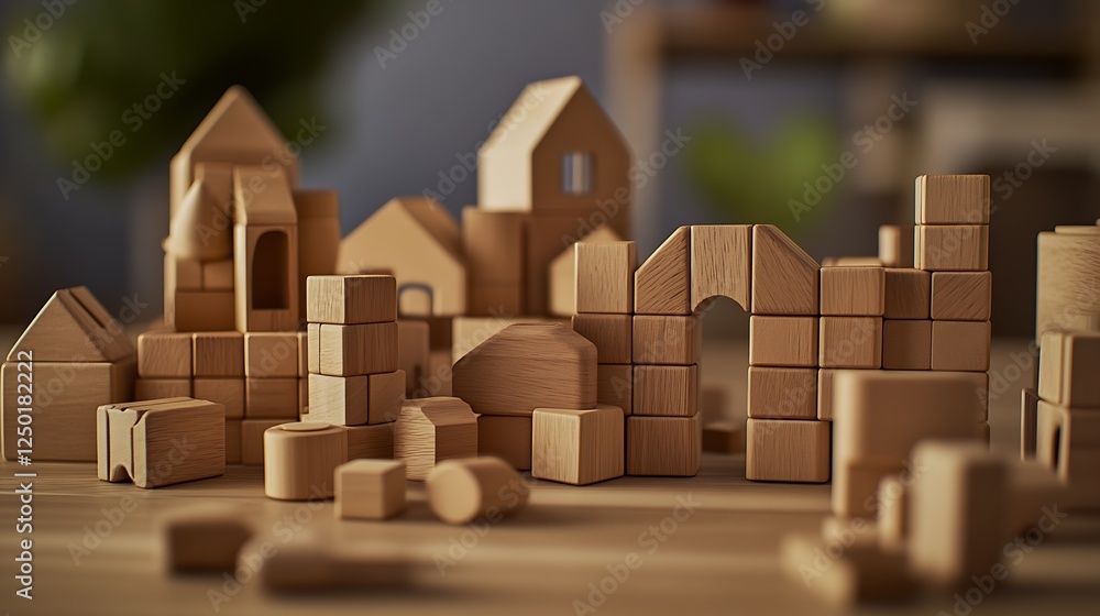 Poster playful arrangement of wooden building blocks creating a vibrant and creative structure : generative