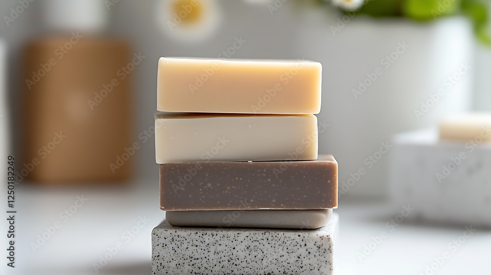 Poster Artisan handcrafted soap bars stacked elegantly showcasing natural colors and textures : Generative AI
