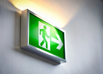 Emergency Exit Sign on White Wall: Safety Signage Stock Photo