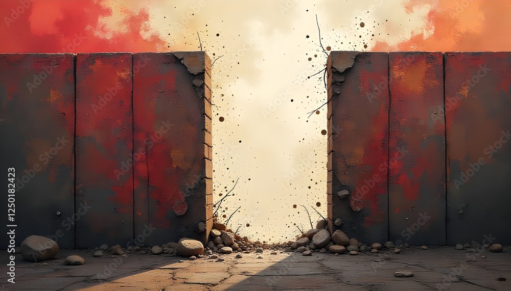 Poster zero discrimination day abstract art depicting the breaking down of barriers and walls, representing