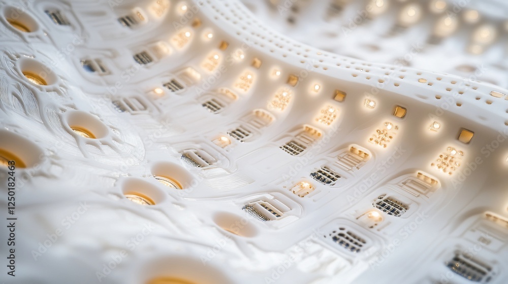 Poster close-up of a complex, white, 3d-printed structure with illuminated details, resembling futuristic a