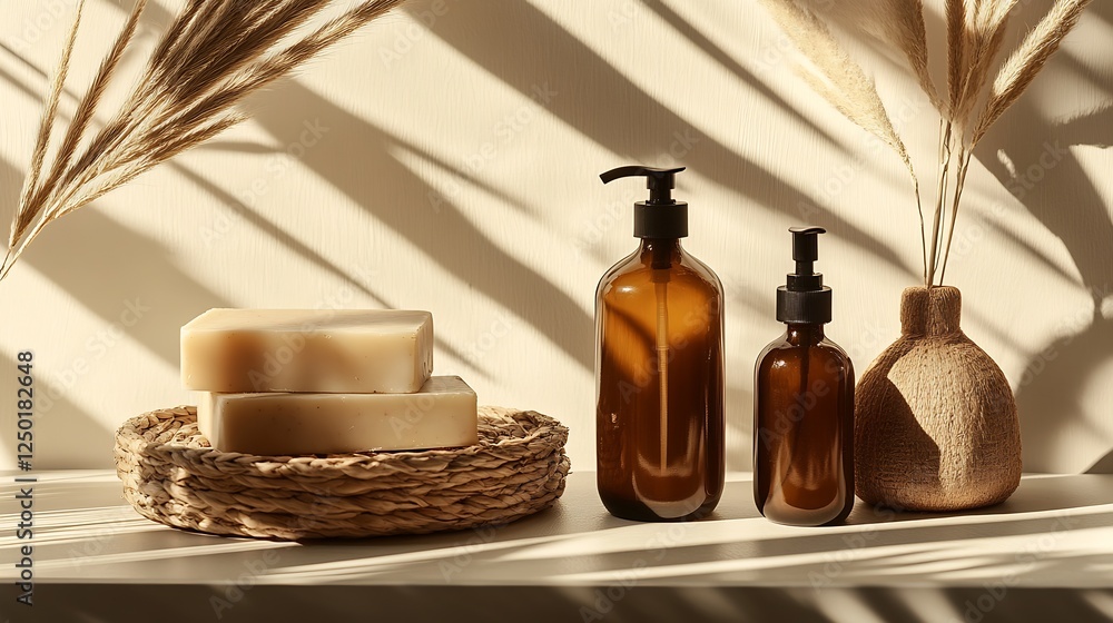 Aufkleber Artfully arranged natural soap bars and glass bottles set against a backdrop of soft shadows : Generative AI
