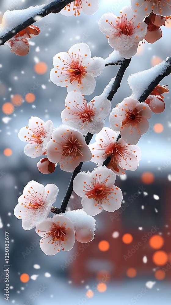 Aufkleber charming close-up of snowy pink cherry blossoms on a branch with a beautiful background of soft colo