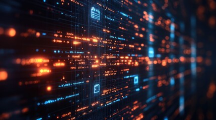 Abstract digital data stream with glowing orange and blue lines representing technology flow