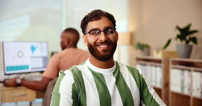 Happy, confident and face of man in office with new job for software development career. Pride, portrait and male frontend developer with online UX design for interface prototype in workplace.