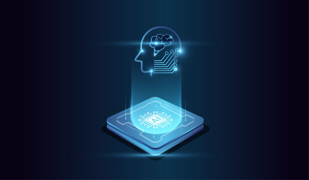 The microchip at the center represents computational power. with a glowing microchip at the base emitting a holographic human head of artificial intelligence.