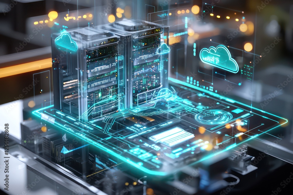 Aufkleber tech-driven data center, augmented reality holography enhances cloud platform visuals.
