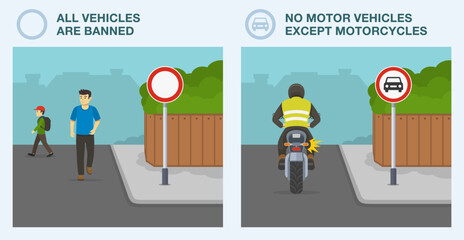 Safe driving tips and traffic regulation rules. European "No vehicles" and "No motor vehicles" sign difference. Vehicles prohibition sign types. Flat vector illustration template.